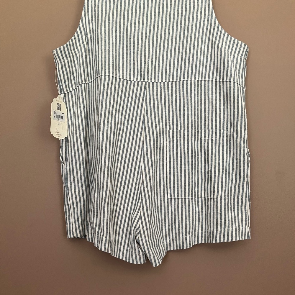 {Altar'd State} Striped Linen Blend Shortalls Romper in Blue & White - Small - Picture 6 of 10